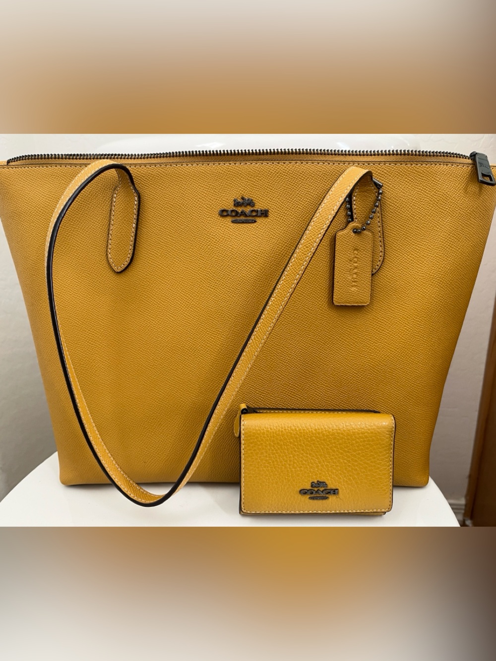 Coach Mustard Yellow Pebbled Leather Shoulder Bag with Card Case
